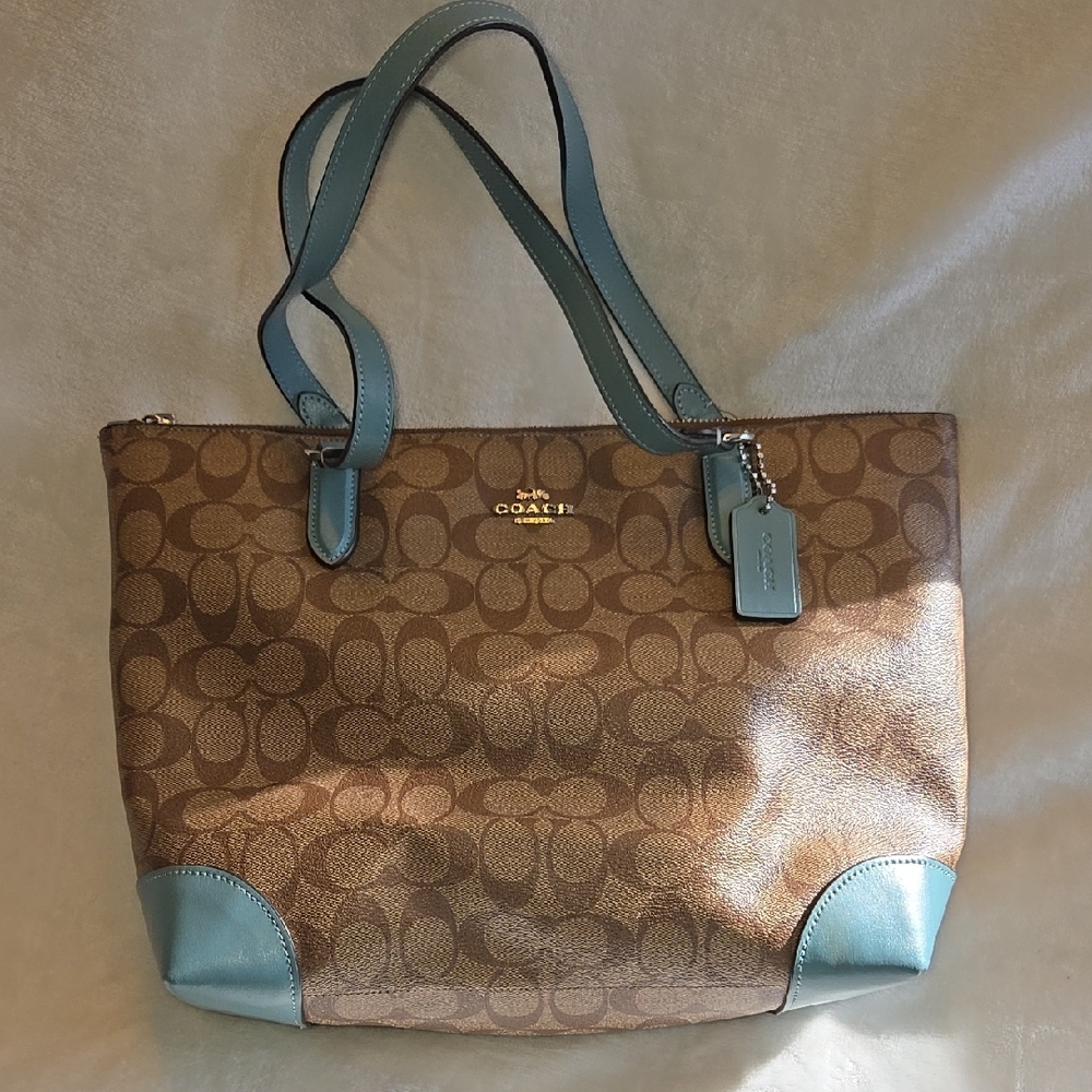Coach Brown and Blue Monogram Tote Bag